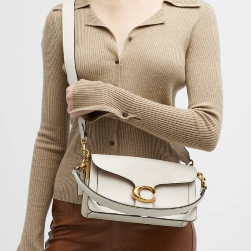 COACH Logo Closure Pebbled Leather Shoulder Bag in white/chalk/brass - Picture 1 of 17